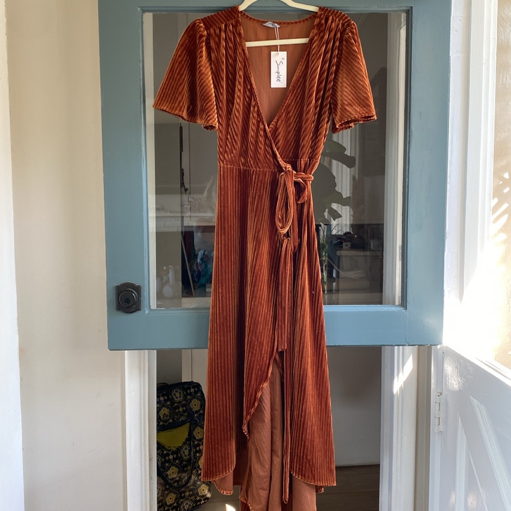 Cinnamon ribbed velvet wrap dress